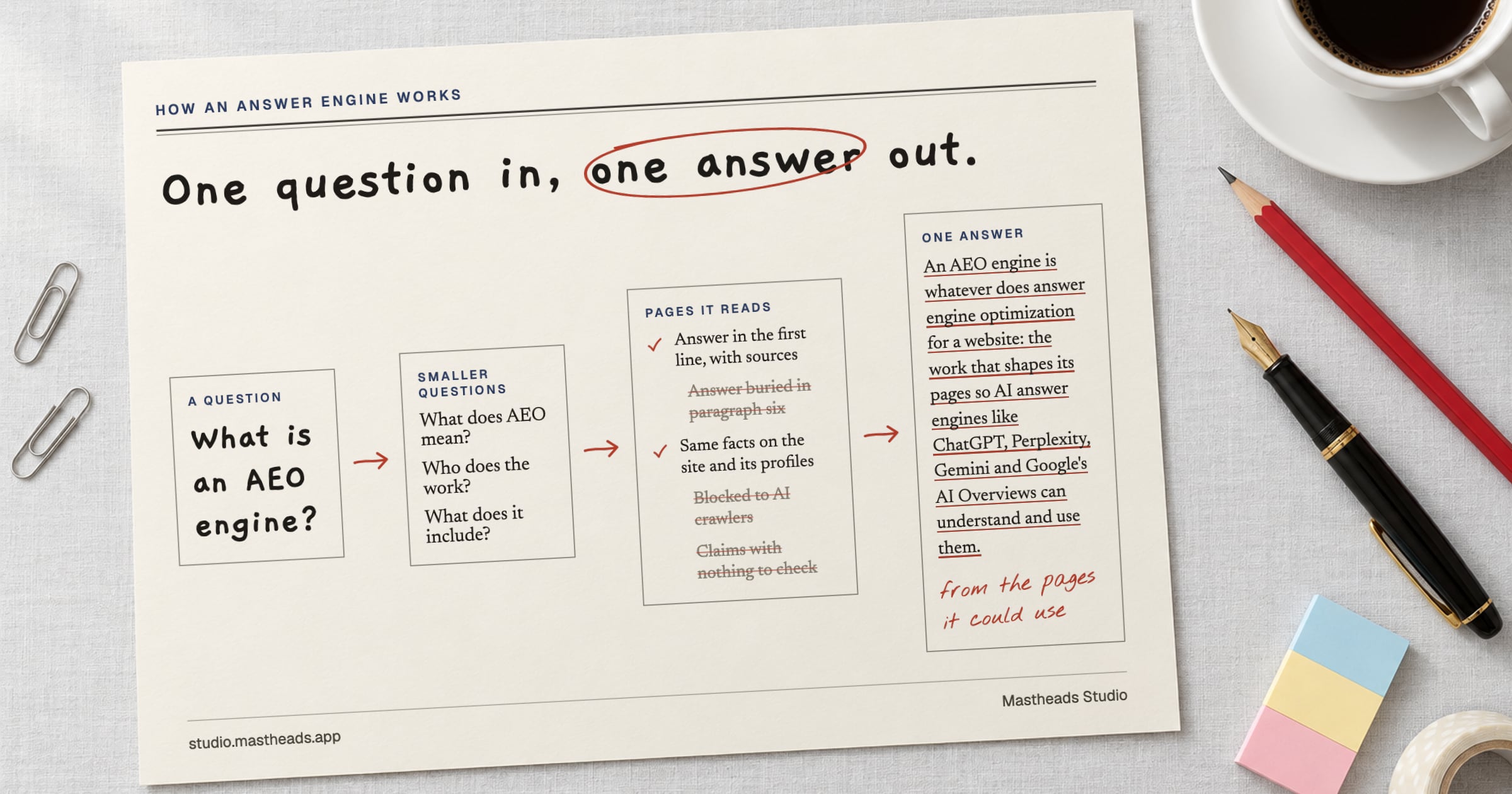 A sheet on the Mastheads Studio desk: the question "What is an AEO engine?" splits into smaller questions, the engine reads pages (it keeps an answer in the first line with sources and the same facts on a site and its profiles, and drops a buried answer, a page blocked to AI crawlers and claims with nothing to check), and one answer comes out.